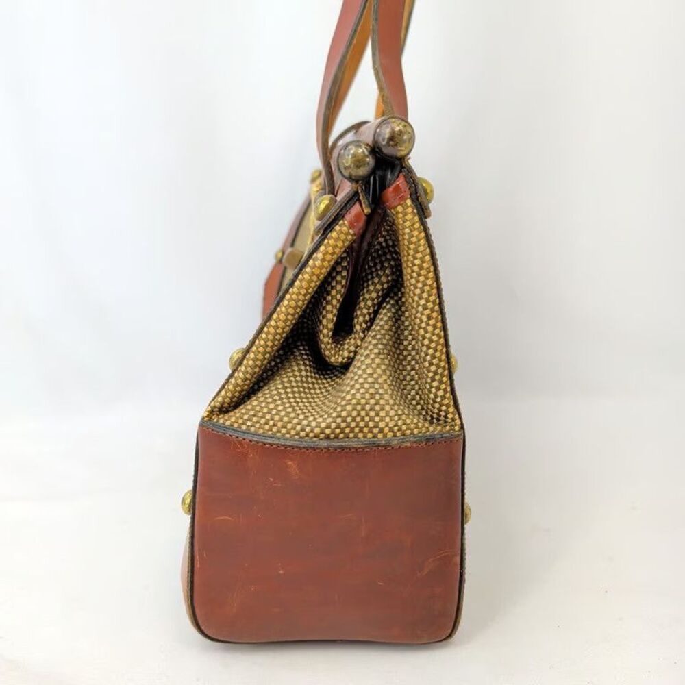 John Romain Vintage Leather Canvas Satchel Bag Je Taime Clasp Studded Brown Tan - Picture 5 of 10